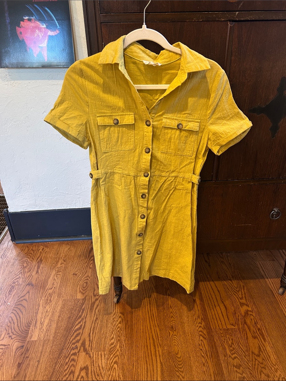 entro Yellow Button-Front Short Sleeve Mini Dress